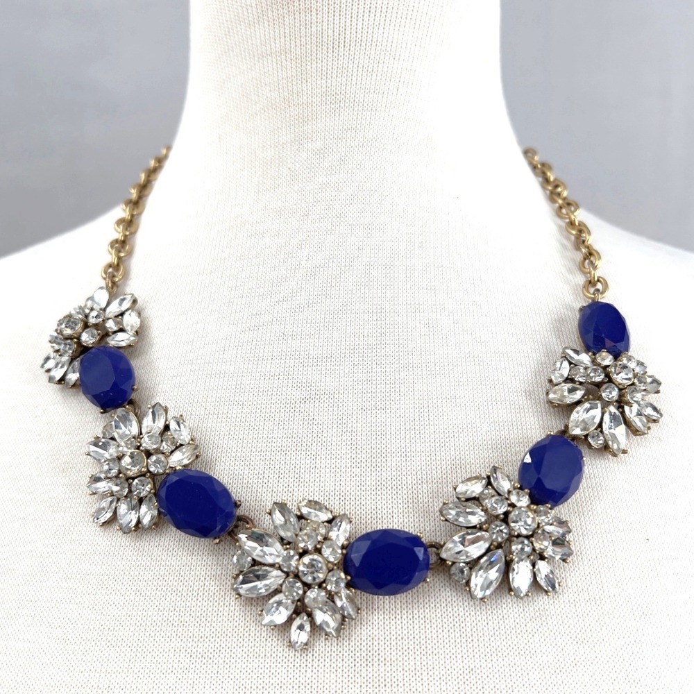 J.Crew Royal Blue Rhinestones Crystals Chunky Floral Statement Necklace Gold‎